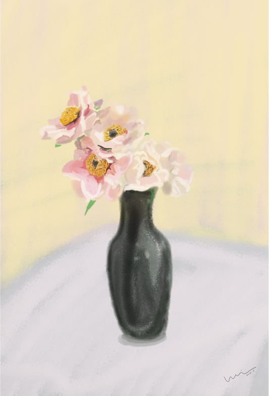 Black Vase with Pink Blooms - Digital Art Print